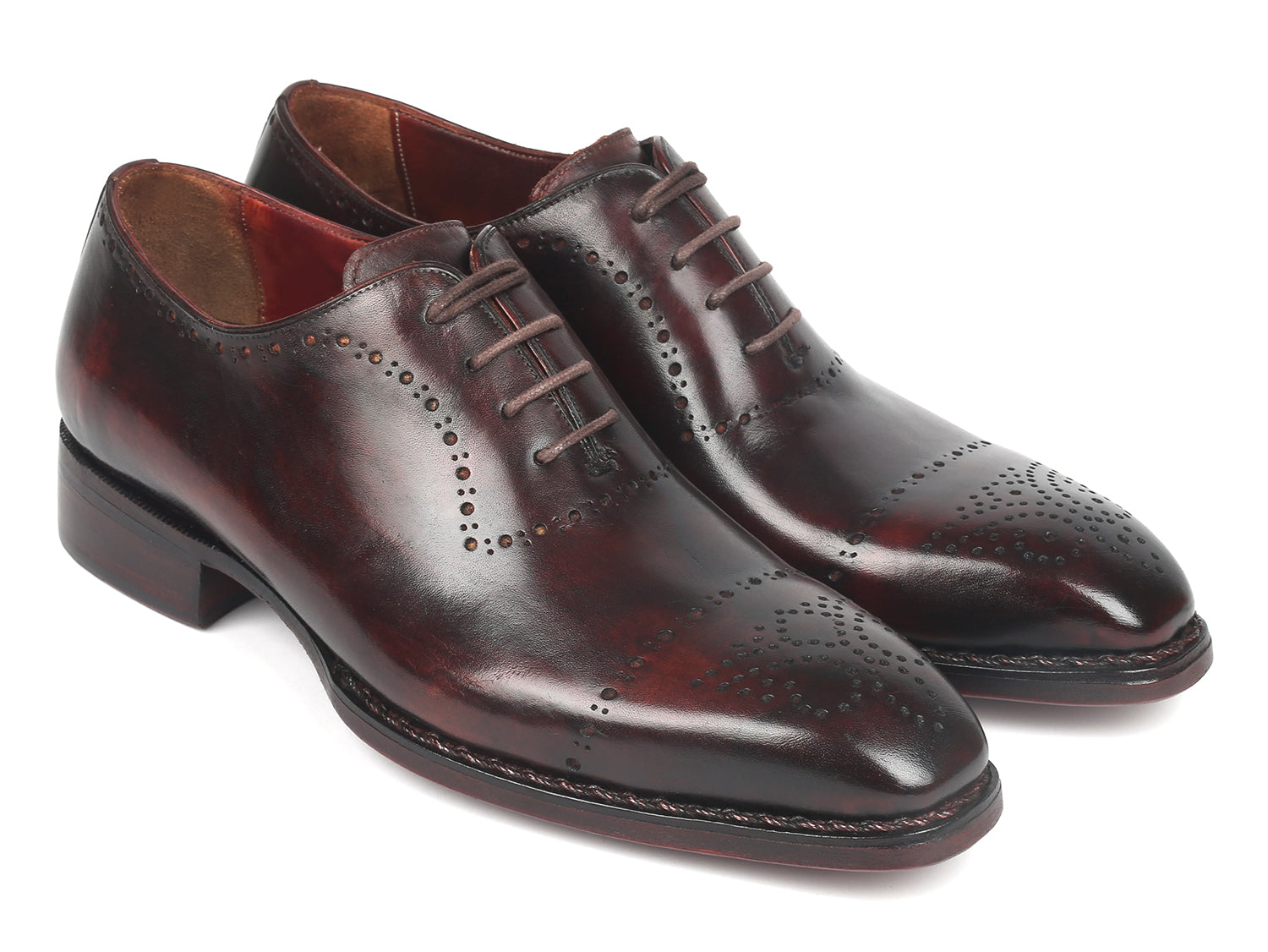 Paul Parkman Dark Bordeaux Goodyear Welted Oxfords showcasing hand-painted leather and elegant design.